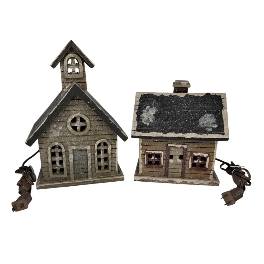Vintage Lighted Christmas Church &‎ House Wood Village Buildings Set of 2